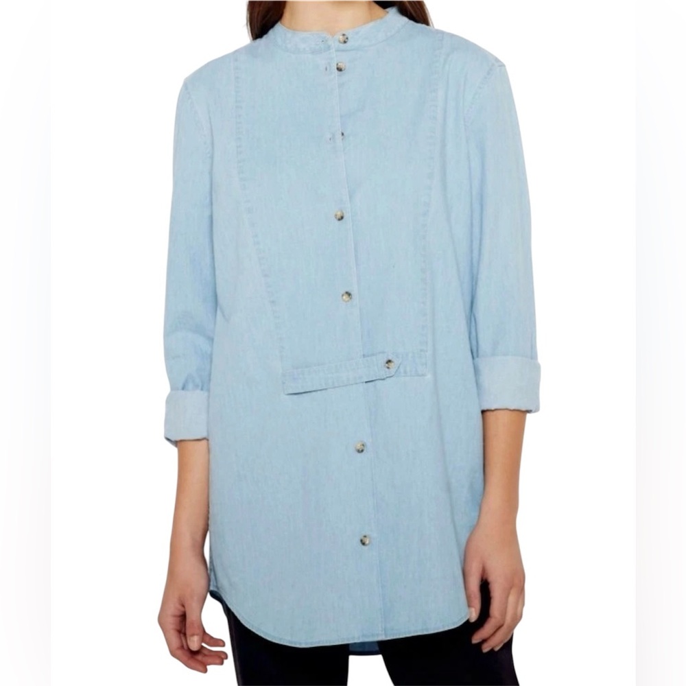 Equipment Women’s Sky Blue Mandel Cotton Chambray Long Sleeve Shirt- Size Small - Picture 10 of 10
